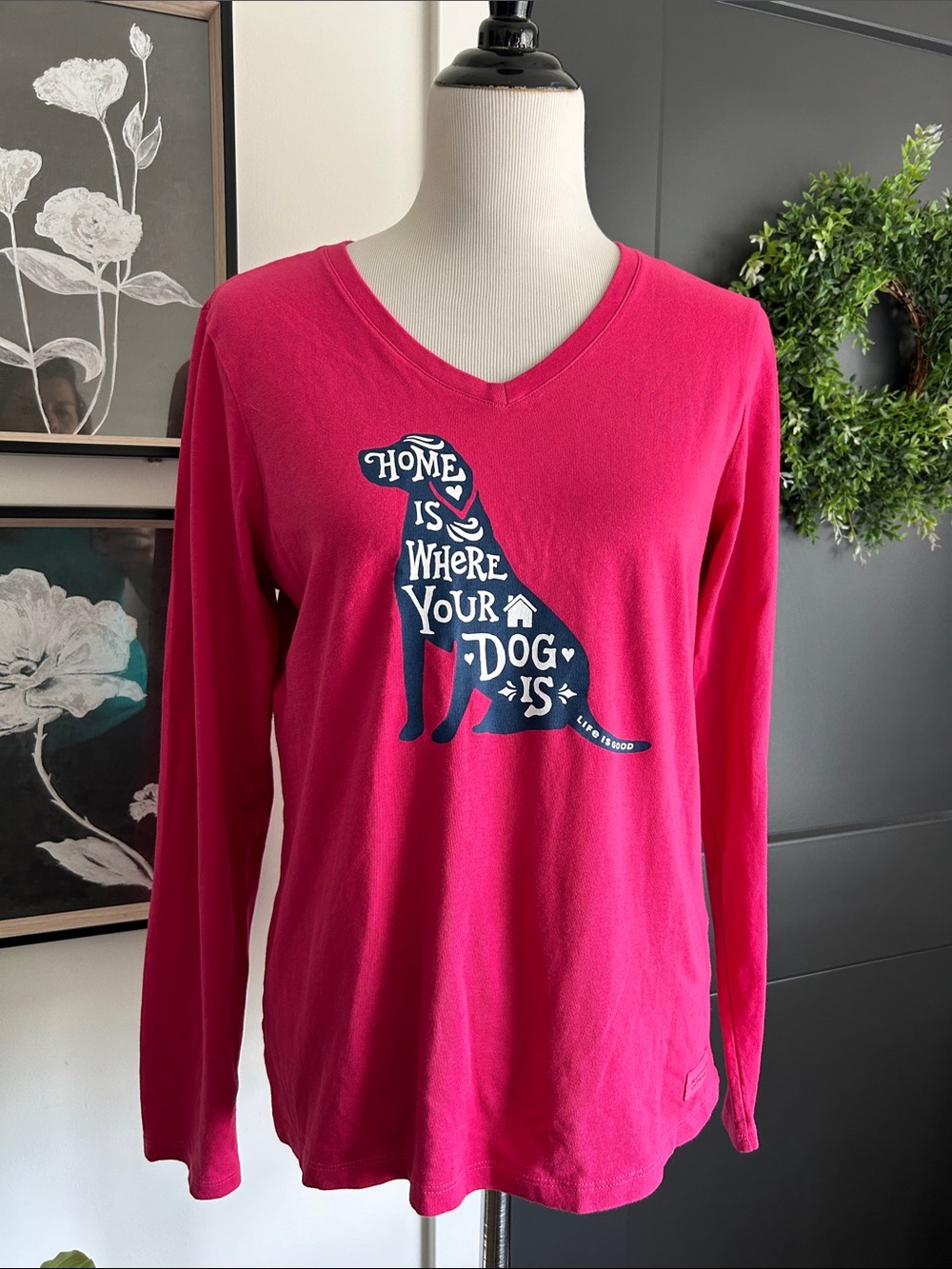 🌺🦮S dog Lover Pink long sleeve v neck Graphic tee Shirt